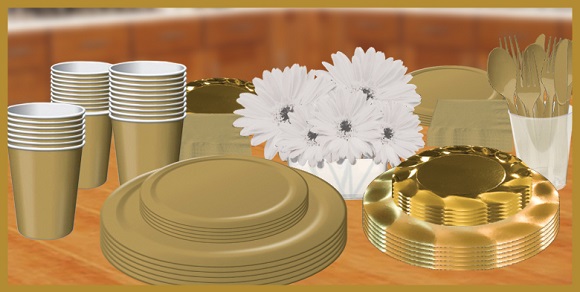 Gold tableware, plates, napkins, cups & utensils