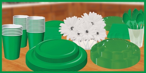 Green tableware, plates, cups & napkins