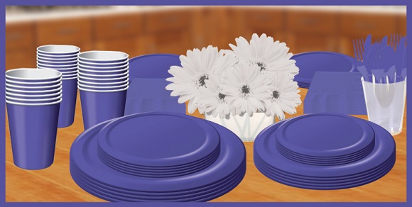 Purple tableware, cups, plates, napkins & utensils