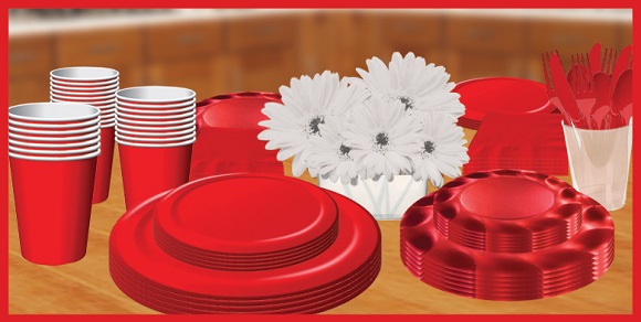 red tableware, plates, cups, napkins & utensils