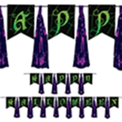Celebrate Halloween with a classic look when you hang this colorful Happy Halloween Tassel Streamer.  Each streamer set includes14 x 8 inch long by 6.25 inch wide pennants and12 x 13 inch long tassels.  Each word is strung separately on black ribbon making them easy to hang.