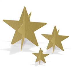 Gold 3-D Foil Star Centerpieces - Whether hanging from the ceiling or ona tabletop, these 3D stars add sparkle and excitement.