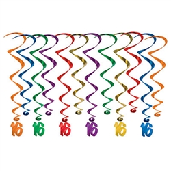 Make your Sweet 16 party Instagram ready with these fun, colorful 16 Birthday Whirl hanging decorations.  Each package contains six 17.5 inch long metallic whirls and six 31 inch long metallic whirls with a 5.5inch tall metallic 16 dangler.  Completely assembled and easy to hang with the attached hooks.  Reusable with care, or incorporate them into scrap and memory books!