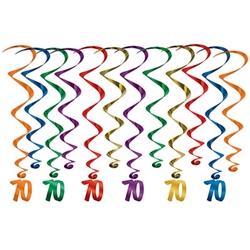 Every decade deserves a celebration, these whirls are sure to help make your 7th decade Instagram ready! <br/ / / / / / / / /> These multi colored  whirls come 12 to a pack. There are six 17.5 inch whirls and six 32 inch whirls with "70" danglers attached.  Completely assembled and easy to hang with the attached hook!