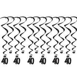 40 Whirls - Add a strikingly bold touch of class to your birthday celebration with these Black 60th Birthday Whirls. Each package comes with 12 whirls. Six are 17.5" long basic whirls, six are 32" long whirls with 6.5" tall black number 40 danglers.