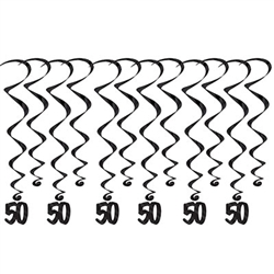 50 Whirls - Add a strikingly bold touch of class to your birthday celebration with these Black 60th Birthday Whirls. Each package comes with 12 whirls. Six are 17.5" long basic whirls, six are 32" long whirls with 6.5" tall black number 50 danglers.