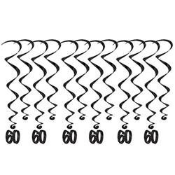 60 Whirls - Add a strikingly bold touch of class to your birthday celebration with these Black 60th Birthday Whirls. Each package comes with 12 whirls. Six are 17.5" long basic whirls, six are 32" long whirls with 6.5" tall black number 30 danglers.