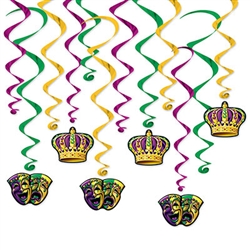 Add the excitement and fun of Bourbon St. to your Mardi Gras party with these classic Mardi Gras Whirls.  Each package comes with 12 metallic whirls in colors as shown.  Six are 17.5 inch long and six 31.5 inch long with 4 inch tall danglers. 