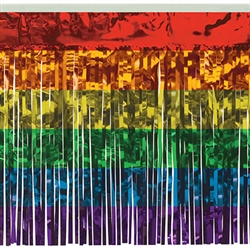 1-Ply Rainbow Metallic Fringe Drape - Add a rainbow to your party with this Rainbow Metallic Fringe Drape. The shimmering, multicolored fringed drape adds movement and interest on a table edge, framing an entrance, or hung from the ceiling or wall. 10 feet long with 15" long fringe.