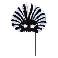 Black and White Feathered Mask w/Plastic Stick