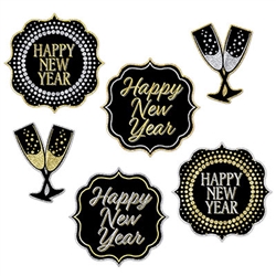 New Year Cutouts - 6 Pieces - Use this set of 6 New Year Cutouts as wall decorations, table edge decorations, or dangle from the ceiling.  However you decide to use them these black, gold and silver cutouts will add a classic style to your party.  Printed both sides on high quality cardstock.
