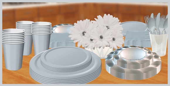 Silver tableware, cups, plates, napkins & utensils