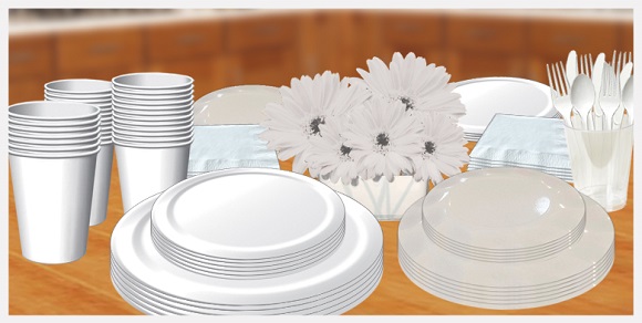 White tableware, cups, plates, napkins, utensils