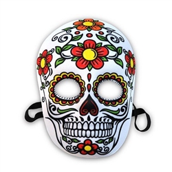 Day Of The Dead Mask - This white fabric mask is printed with a design of green, red, yellow, orange and black! The attached elastic strap holds the molded mask snugly to your face, while the printed fabric covering gives the mask some added comfort