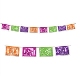 The Day of the Dead Picado Banner measures twelve feet in length and features plastic panels in alternating fuchsia, green, purple and orange colors.