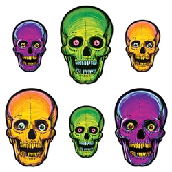Vintage Halloween Nite-Glo Skull Cutouts - Go vintage with these classic Nite-Glow Skull cutouts.  Reproduced from an original 1973 design, each package has six glow in the dark cutouts printed both sides. Includes Three 8.5" cutouts, Three 12.75" cutouts