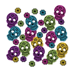 This Day Of The Dead Deluxe Sparkle Confetti is a fun and interesting way to add sparkle and color to your Day Of The Dead celebration.  Each 2.25 inch tall skull and 0.8625 inch tall flower is bright spot of color, style, and fun for your decor.