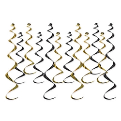 These classic gold and black whirls will add color, shine and movement to any party decor. Great for backgrounds, hung over a dance floor or buffet table, these whirls twist in the lightest breeze to add kinetic interest. Easy to hang with included hooks. Each package includes 8 13.5 inch and 4 25 inch whirls. 