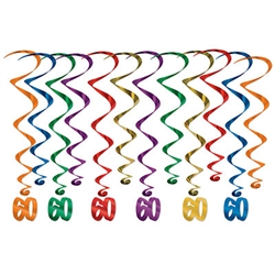 Every decade deserves a celebration, these whirls are sure to help make your 6th decade Instagram ready! <br/ / / / / / /> These multi colored  whirls come 12 to a pack. There are six 17.5 inch whirls and six 32 inch whirls with "60" danglers attached. 