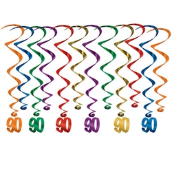 Every decade deserves a celebration, these whirls are sure to help make your 9th decade Instagram ready!  These multi colored whirls come 12 to a pack. There are six 17.5 inch whirls and six 32 inch whirls with "90" danglers attached. 