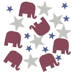 Show your party's pizzazz with this patriotic red, silver and blue Deluxe Republican Sparkle Confetti!  Each 1/2 oz package comes with 2 inch wide elephants, 1.5 inch wide silver stars and .75 inch wide blue stars.  