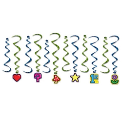 Take your party old-school with a classic 8-Bit theme!  This 12 piece set of 8-Bit Whirls ads color, fun and movement in a style perfect for a retro 80's themed party.  Package includes 6 x 17.5 inch whirls and 6 x 35 inch whirls with hangers.  