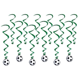 You're sure to score a goal at your next soccer themed party with these Soccer Ball Whirls.  Each package includes six 17.5 inch green whirls and six 34.75 inch whirls with soccer ball hangers printed both sides on high quality cardstock.  Completely assembled, easy to hang and reusable with care.