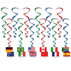 These International Flag Whirls are sure to add interest, color and movement to your decor.  Each package contains 12 pieces - six 17.5 inch whirls and six 31 inch whirls with flag danglers. 