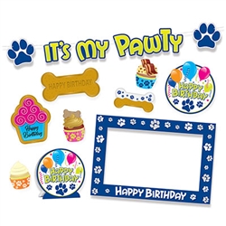 Dog Birthday Party Kit - It's a dog's life when you have this fun and colorful Dog Birthday Party Kit!  10 piece kit includes: 1 - 4' streamer with cord, 1 - 13.5" x 20" photo frame, 1 - 8.5" Centerpiece, 7 - 4.75" to 9.5" cutouts.