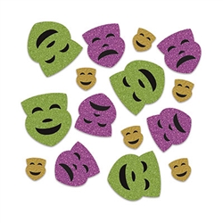 Add more Mardi Gras fun to your party decor when you sprinkle this colorful deluxe sparkle confetti on your table tops. &nbsp;In traditional colors of purple, green and gold and theater masque shapes, each package has .5 ounces of confetti. &nbsp;