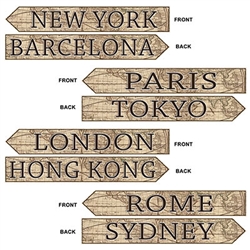Take your guests on an Around the World trip in your own home with these Around The World Street Sign Cutouts.  Each package comes with 4 pieces printed both sides on high quality cardstock.  Easy to hang and reusable with care.