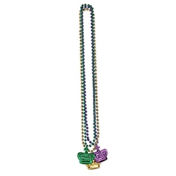 Get ready for Mardi Gras in style with these bright, eye catching Beads with Crown Medallions.  Each package included one gold, one purple and one green 33 inch long bead string with matching crown medallion.  Crowns are 1.75 inches wide, 2 inches tall.
