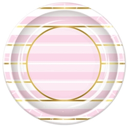 Add class and color to your celebration with these Striped Plates in Pink, White and Gold. Each package contains 8  nine inch diameter plates. Please Note: Plates are not microwave safe.