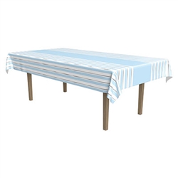 Whether you're decorating for a 1st birthday celebration, baby shower, or just want a striking table cover; this Striped Tablecover in Blue, White and Gray will be perfect. Measures 54 inches wide by 108 inches long. Spill resistant.