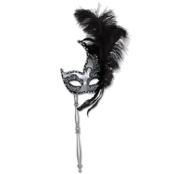 Silver and Black Glitter Feather Mask w/Stick