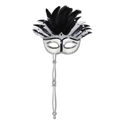 Black and White Feather Mask W/Stick