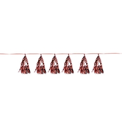 Rose Gold is THE It color, add this stylish trend to your party decor with ease with this Metallic Tassel Garland in Rose Gold.  This easily hung decoration requires no assembly and will add a beautiful shine and shimmer to your venue.  