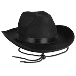 This classically styled cowboy hat is just the ticket for any western themed party. Each hat comes with a chin string and black ribbon hatband. The opening measures 8 inches front to back with a circumference of approximately 23 inches. The crown stand 5" tall with a brim width of 3.5 inches. 
