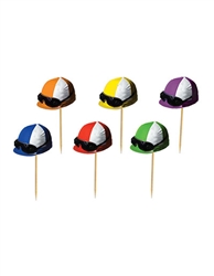 Just the thing to set off your Derby Day menu, these Jockey Helmet pocks will add an extra touch of color and fun to any dish! Sold 50 per package, the helmets are 2.25 inches wide by 1.75 inches tall. The pick extends approximately 1.5 inches. 