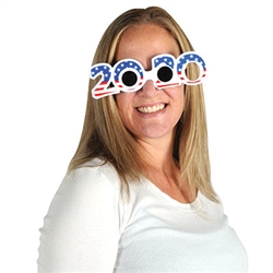 Looking for a timely way to show off your patriotic pride, support your party, or just have fun?  These 2020 Patriotic Plastic Eyeglasses are just what you're looking for!  One size fits most.  Glasses are 8.25" wide by 2.25" tall.