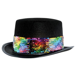 Celebrate yourself with this striking Black Felt Topper with Rainbow Sequined Band.  This one size fits most adults topper has a 4.5 inch tall crown, 1.5 inch wide brim and a head opening 24 inched in circumference.  