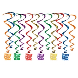 Ring the New Year in a kaleidoscope of color with these Happy New Year Whirls.  Each package comes with 12 metallic whirls in colors as shown.  Six are 17.5 inch long and six 32 inch long with 5 inch tall Happy New Year danglers.  Guaranteed to add color fun and movement to your New Years Eve party.  