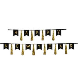 Happy New Year Tassel Streamer - Black and Gold