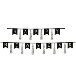 Happy New Year Tassel Streamer - Black and Silver