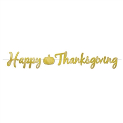 Add a touch of classic gold to your family Thanksgiving celebration with this gold Foil Happy Thanksgiving Streamer. Made of gold foiled high quality card stock, letters are 3 xy 7 inched, pumpkin is 4.75 x 4.35 inches.  12 feet of cord included.