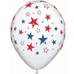 White Balloons with Red and Blue Stars - 11 inch