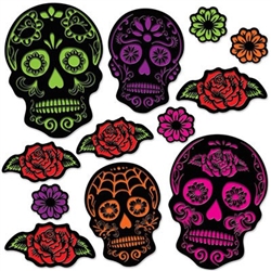 Day Of The Dead Sugar Skull Cutouts - Decorate your Day of the Dead party with these colorful Day of the Dead Sugar Skull Cutouts. With their black background and bright colors, these cutouts pop with excitement! 